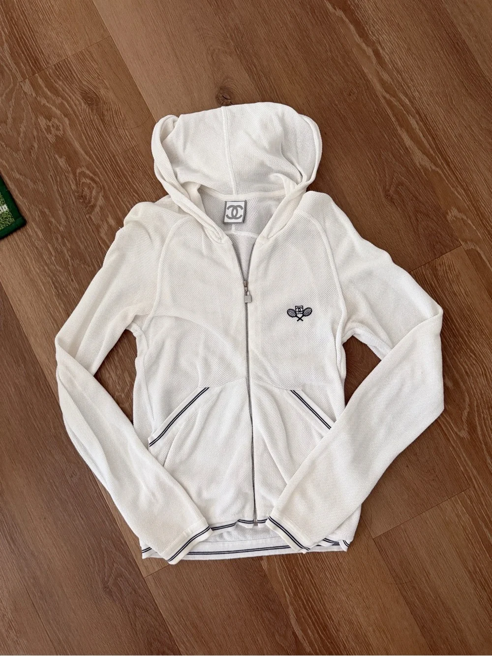 Vintage CHANEL Sports Tennis White Hooded Zip Jacket with Navy Trim
